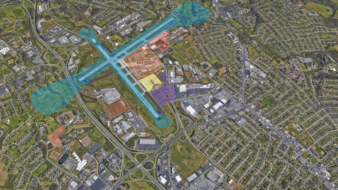 Aerial map of the area around the Roanoke-Blacksburg Regional Airport