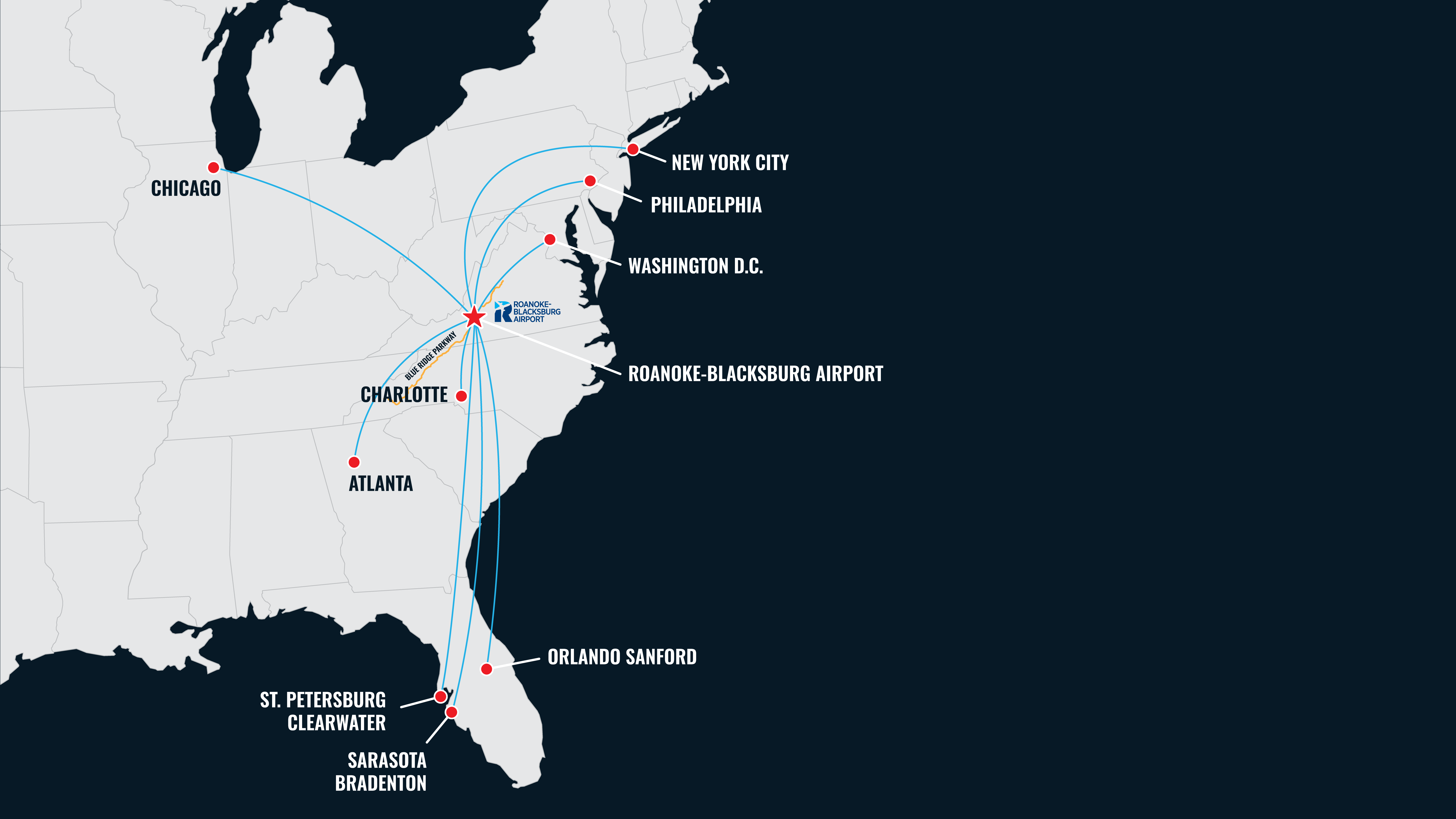 A map showing the service area for the Roanoke Blacksburg Regional Airport