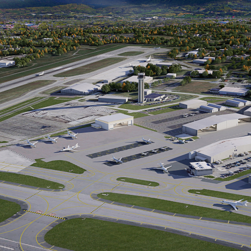 Rendering of generation aviation campus at ROA, including the new Signature Aviation hangar. View of runways in foreground and background
