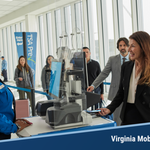 Image of travelers waiting in TSA line with TSA representative. A decorative graphic says Virginia Mobile ID