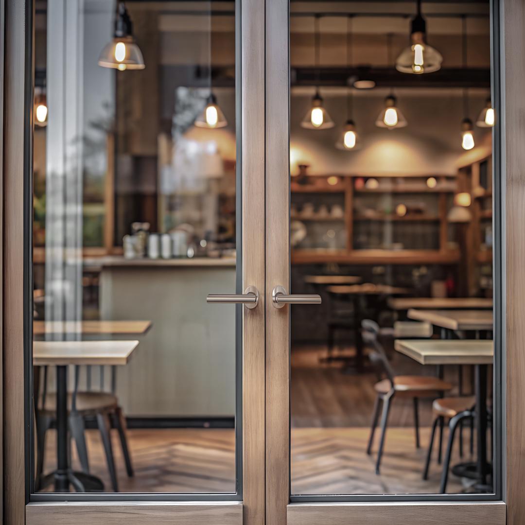 A glass door looking into a shop