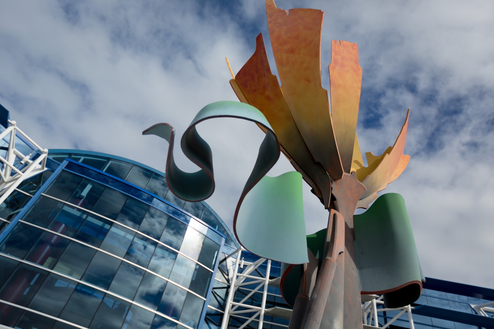 A piece of art installed in front of the main Roanoke Blacksburg Regional Airport building