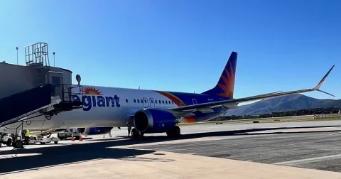 Allegiant 737 Max 8 parked at Roanoke-Blacksburg Regional Airport in October 2024.