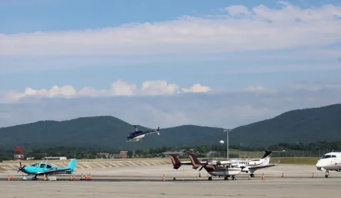 Several planes parked at the Roanoke Blacksburg Regional Airport