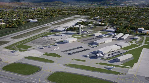 Rendering of generation aviation campus at ROA, including the new Signature Aviation hangar. View of runways in foreground and background
