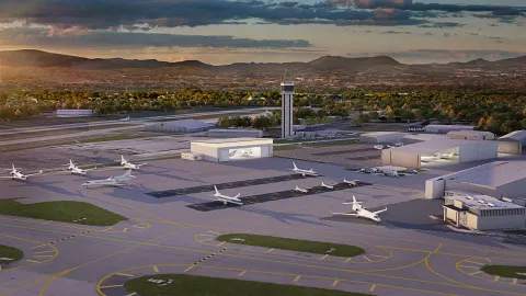 Rendering of generation aviation campus at ROA, including the new Signature Aviation hangar. View of runways in foreground and background