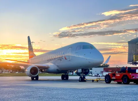 American Eagle plane at sunrise parked at ROA