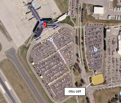 Map of cell phone lot location located at the bottom right of the map at the corner of Town Square Blvd and Aviation Drive
